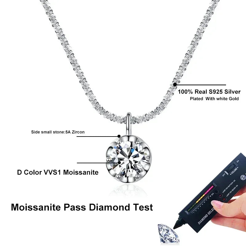 NeeTim 2ct Moissanite Necklace Pendant S925 Sterling Silver  Party Wedding Lab Dimond Gem Necklaces For Women with Certificate