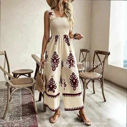 Jumpsuit Jumpsuits Print Smocked Waist Wide Strap Spring Summer Playsuit Overall