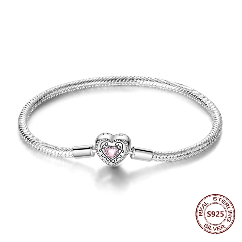 Silver 925 Bracelet Original Bracelets Colorful Zircon Heart Flower Cat Snake Chain For DIY Charms 17-20CM Luxury Jewelry Gifts