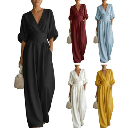 Women's One Piece Jumpsuits Casual V-Neck Short Sleeve Wide Leg Rompers Summer High Waist Beach Vacation Outfits with Pockets