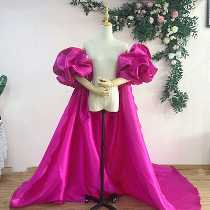 Red  Mikado Satin Long Wedding Cape Puffy Short Sleeves Court Tain Evening Cape Outfit Coat For Women Costume DJ199
