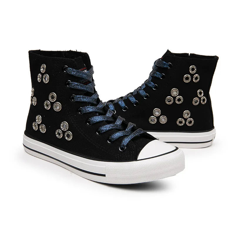 Breathable Hollow Canvas Short Boots Summer Women Black Casual Shoes Punk Rivet Flat Bottomed Shoes 2CM Woman High top Sneakers