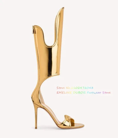 Mirror Gold High Heel Sandals Women Sexy Oepn Toe Cut Out Back Zippers Luxury Elegant Roman Shoes Summer New Ladies Shoes