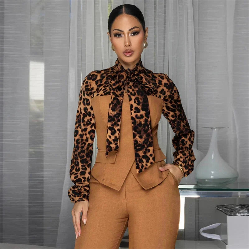 Doyerl Leopard Patchwork Shirt Style Jumpsuits Woman Elegant Vintage Long Sleeve High Waist One Piece Rompers Women Jumpsuit