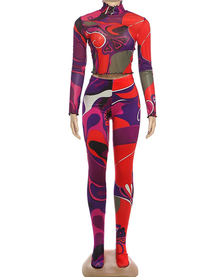 Nibber Sexy Sporty 2-Piece Set Women Tracksuit Sporty Fall Crop Tops+Leggings Matching Tight Stretch Colorful Print Streetwear