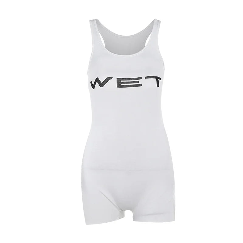 Letter Print Catsuit White One Piece Romper Women Jumpsuit Tank Top Short Playsuit Bodycon Ropa De Mujer Summer Outfits Bodysuit