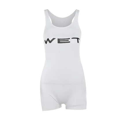 Letter Print Catsuit White One Piece Romper Women Jumpsuit Tank Top Short Playsuit Bodycon Ropa De Mujer Summer Outfits Bodysuit