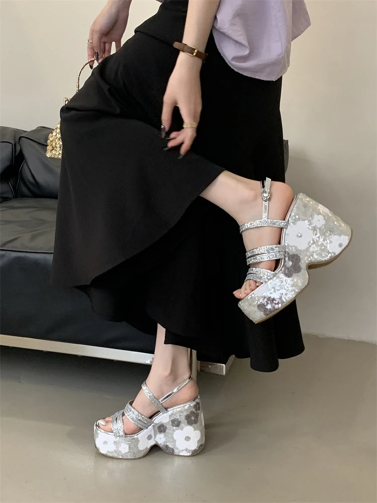 Eilyken CRYSTAL Diamonds Sequin Cloth Buckle Strap Platform Wedges Women Sandals Street Style High Heels Summer Shoes