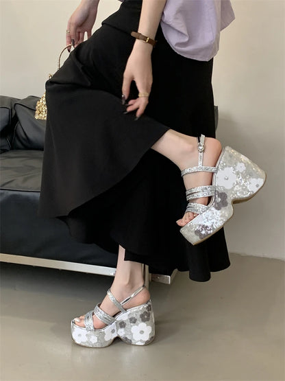 Eilyken CRYSTAL Diamonds Sequin Cloth Buckle Strap Platform Wedges Women Sandals Street Style High Heels Summer Shoes