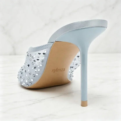 Luxury Rhinestone Detail Mules Sandals Women Sexy Peep Toe High Heel Slippers for Ladies Elegant Banquet Shoes Summer Mesh Shoes