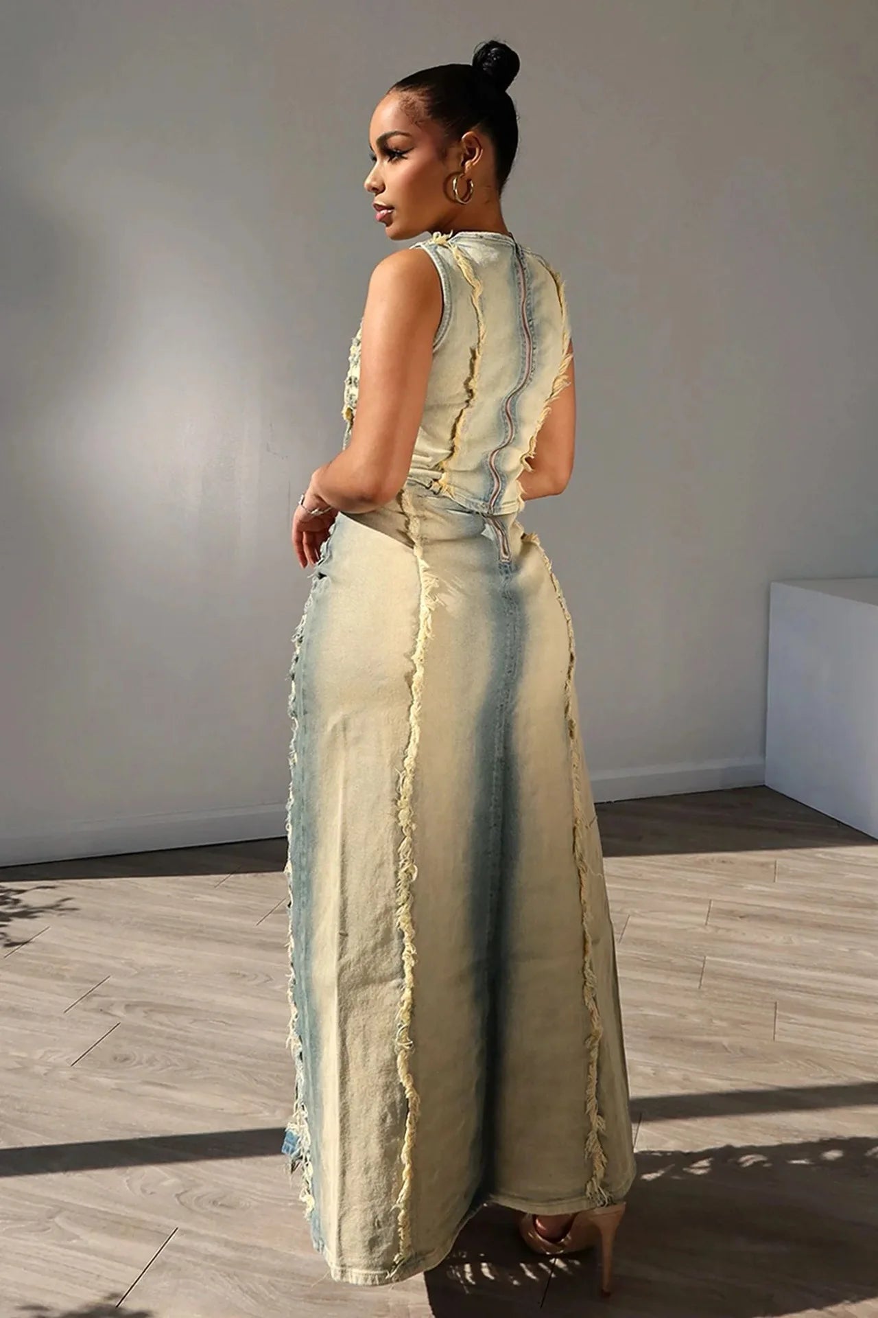 Hollow Out Jeans Skirt Outfit Set Sexy Women Elegant Two Pieces Denim Club Matching Set Top+Long Skirt