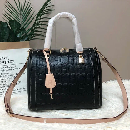 CH Carolina Herrera Boston Bag Women Leather Embossed Logo Shoulder Bag Luxury Travel Handbag Large Capacity