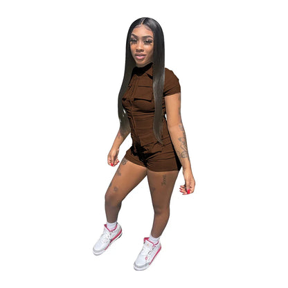 Red Jumpsuit for Woman Short Zipper V Turn Down Short Sleeve Overall Jumpsuit Shorts Casual Pockets Bodycon Rompers 2XL