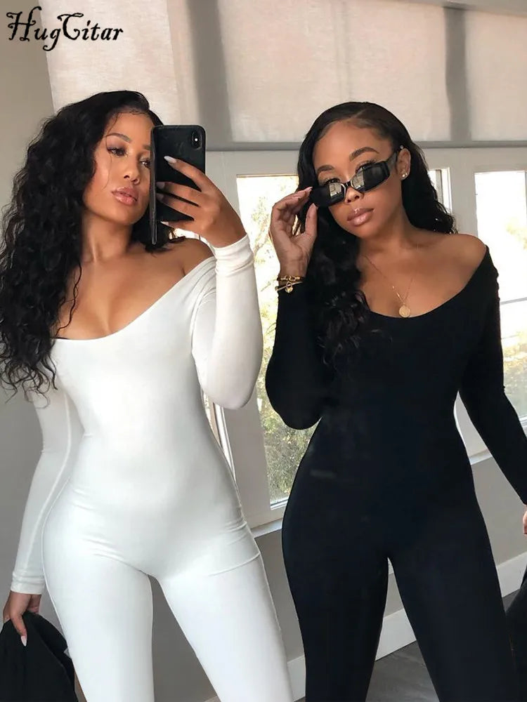 Hugcitar 2025 Square Collar Solid Long Sleeve Stretchy Bodycon Jumpsuits Winter Women Fashion Romper Streetwear Sport Wholesale