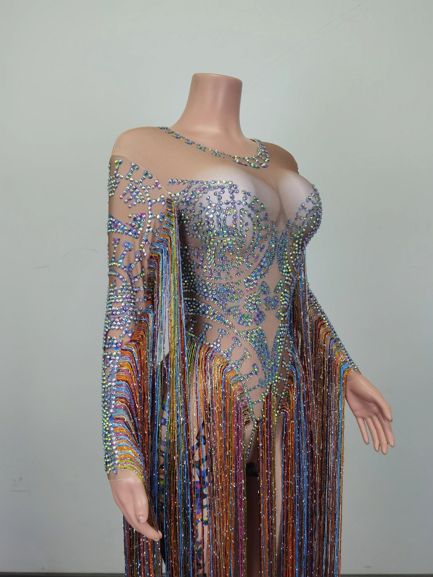 Fashion Rhinestone Tassel Rompers Women One Piece Jumpsuits Sexy Women Party Prom Stage Performance Dance Leotard Club Bodysuits
