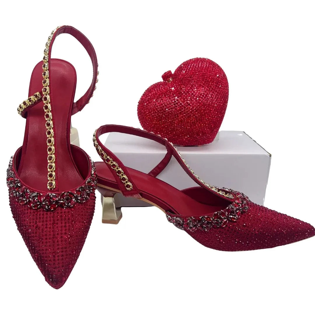 Insightlink Luxury Red Rhinestone Slingback Heels Bow Clutch Set Pointed Toe Shoes for Women Wedding Party Banquet Formal Event
