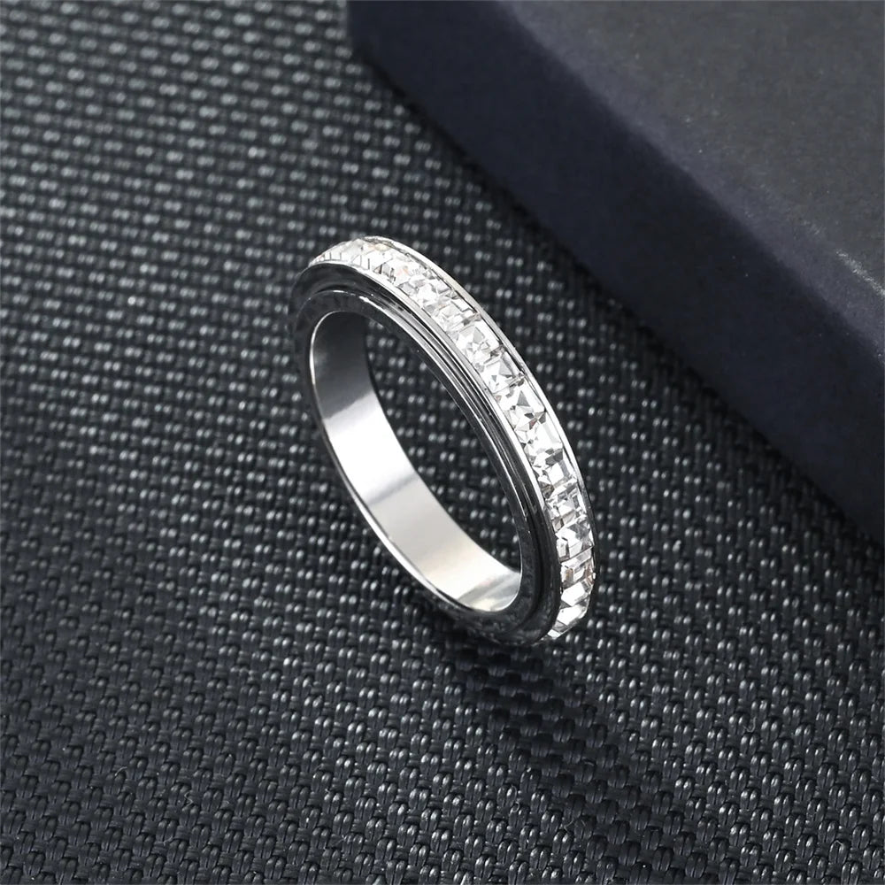 Fidget Anxiety Anti-stress Ring Women's 4mm Gold Silver Color Stainless Steel Crystal Rotatable Spinner Rings for Woman Jewelry
