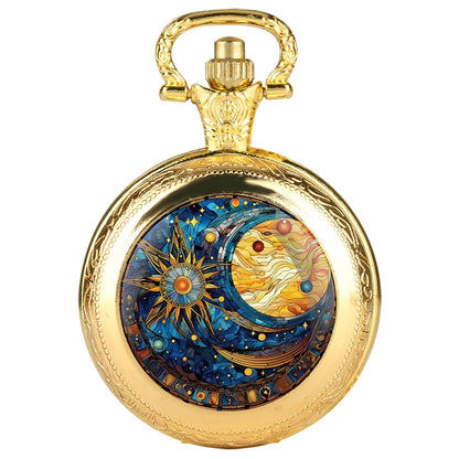 Vintage Sun and Moon Pendant Glass Dome Pocket Watch Souvenir Chain Clock Arabic Numerals with Personality Gift for Women Men