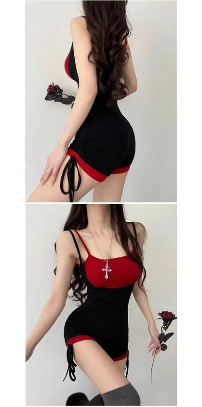 American Style Street Hot Girl Sexy Suspender Jumpsuit Shorts Color Blocked Fake Two-piece Design Sense Fitness Yoga Jumpsuit