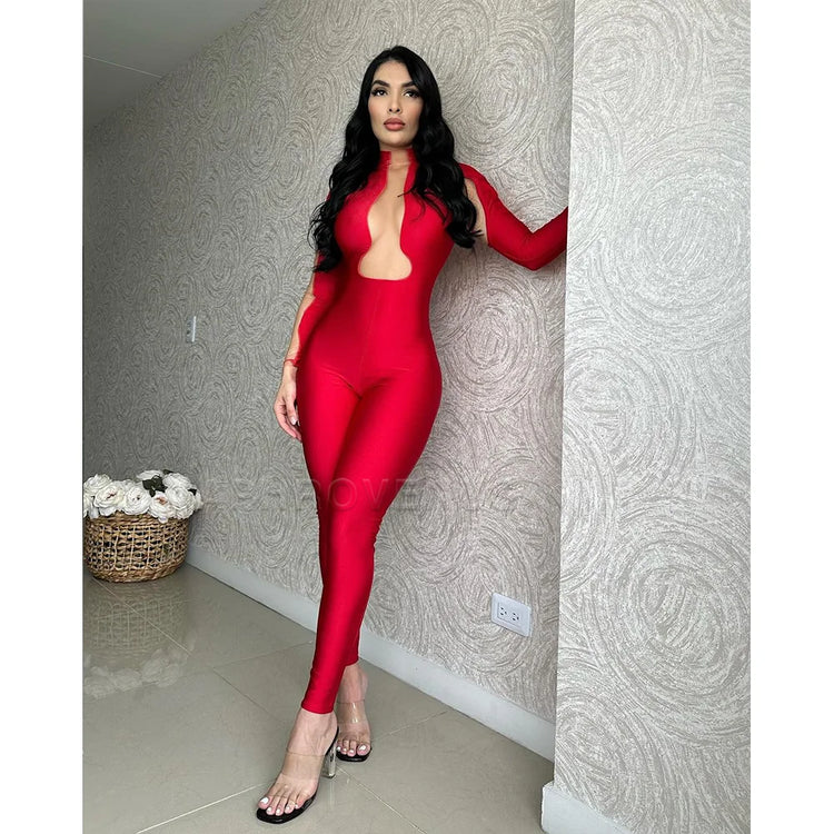 Sexy Streetwear Hollow Out Skinny Jumpsuit Long Sleeve One Piece Suit Rompers Casual Jumpsuits Women Club Party Clothes