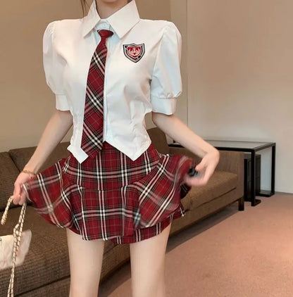 2025 improved cute sexy korea jk suit women autumn jk school uniform women shirt plaid pleated half skirt fashion two-piece set