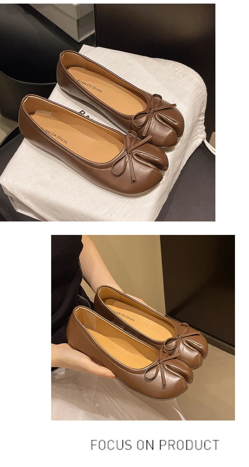 Luxury Brand Spring Retro Women's Bow Split Hoof Toe Single Shoes Comfortable Rubber Bottom Ladies Tabi Ninja Ballet Flat Shoes