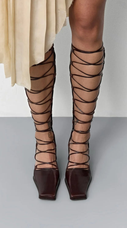 2026 Summer Hollow Out Strap Square Shaped Thick High Heels Summer Cool Boots Fashionable and Sexy Women's Sandals