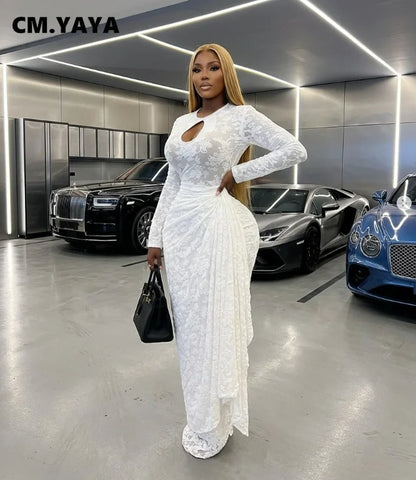 CM.YAYA Women O-neck Ribbon Ruched Long Sleeve Bodycon Maxi Long Dress 2026 Summer Sexy Birthday Party Vacation Trendy Dresses