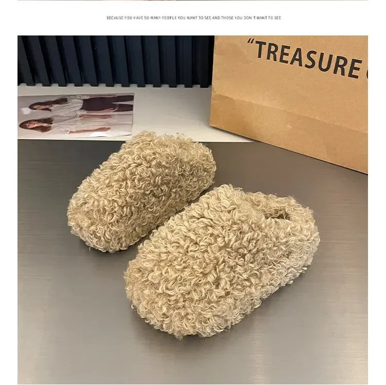 Thick Heel Luxury Lambwool Mules  Winter Shoes Woman Flip Flops Flat Cover Toe Slides Ins Warm Curly Lamb Fur Slippers Women