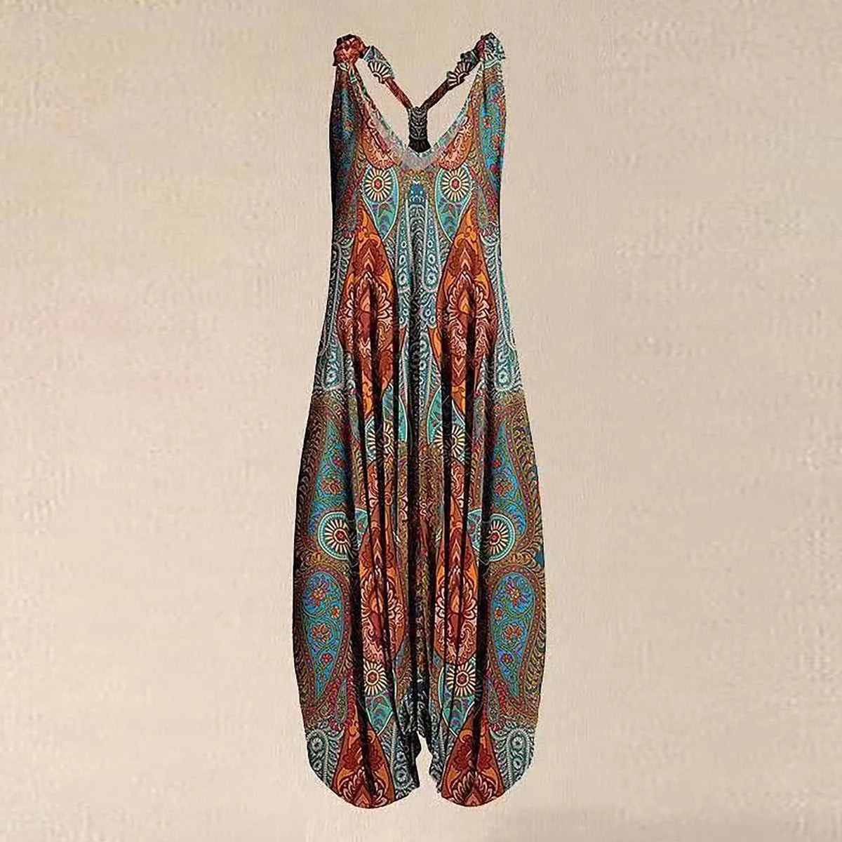 Wide Leg Bohemian Loose Overall Jumpsuit Ethnic Mandala Vintage Paisley Printing Women Rompers Backless Harem Bloomers Playsuit