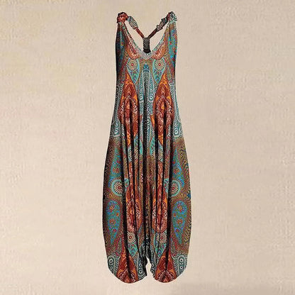 Wide Leg Bohemian Loose Overall Jumpsuit Ethnic Mandala Vintage Paisley Printing Women Rompers Backless Harem Bloomers Playsuit