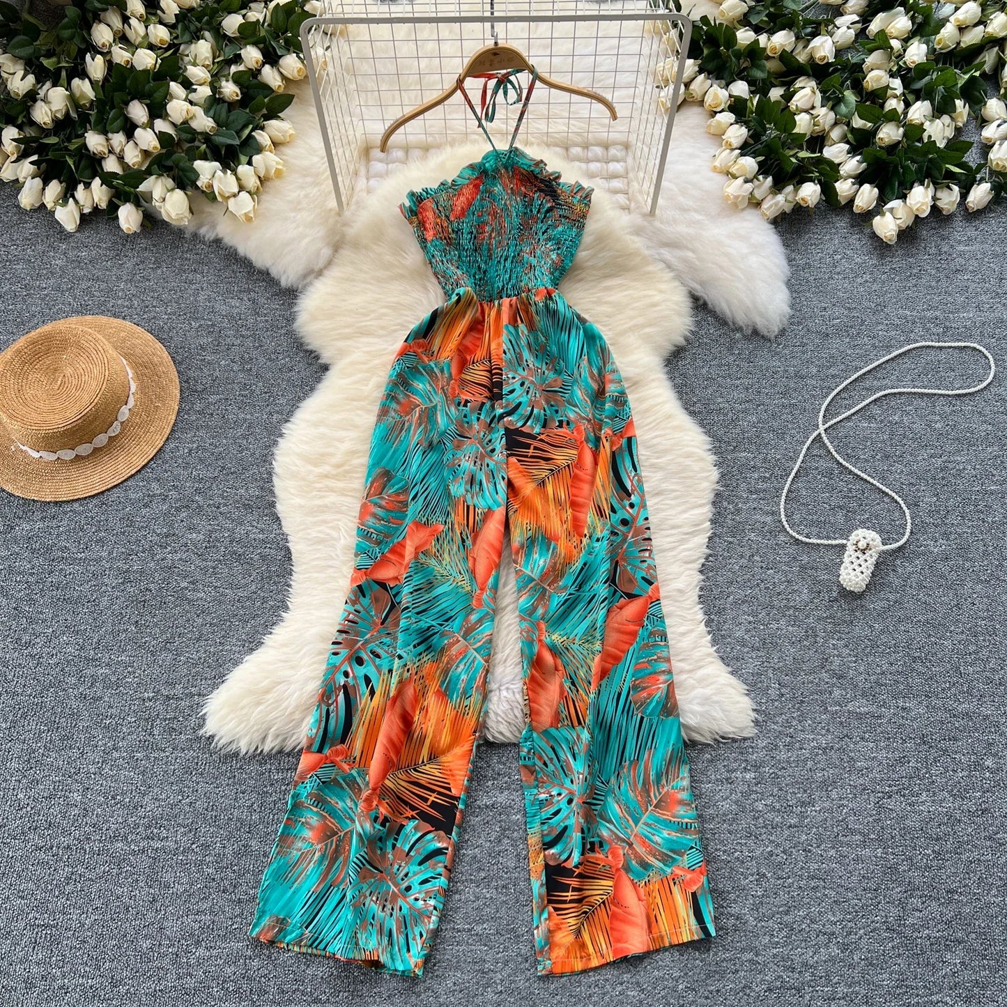 2024 New Summer Sexy Bohemian Leaf Print Jumpsuits Women Sleeveless Sexy Long Jumpsuit Mujer Casual Holiday Beach Rompers
