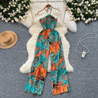 2024 New Summer Sexy Bohemian Leaf Print Jumpsuits Women Sleeveless Sexy Long Jumpsuit Mujer Casual Holiday Beach Rompers
