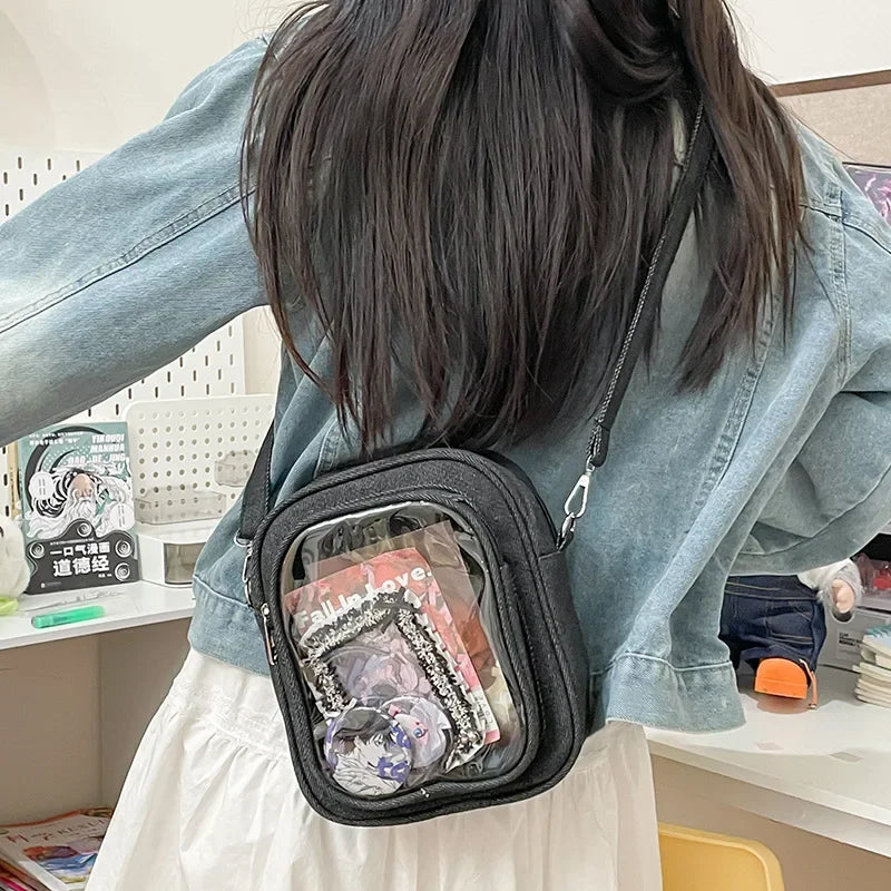 New Denim Ulzzang Ita Bags Female Transparent Badge Doll Show Crossbody Shoulder Bag Individuality Designer 2 Sides Bolso Mujer