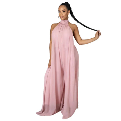 2026 New Women's Solid Chiffion Loose Halter Jumpsuits Sexy Backless Wide Leg Pants Rompers Fashion Party Elegant Women Clothing