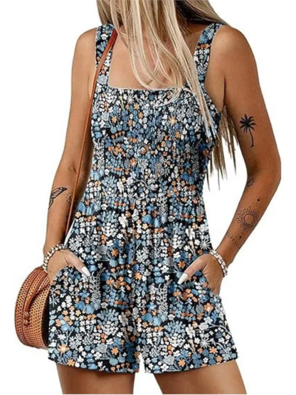 Femmes Print Jumpsuit Fashion Boho Beach Party Jumpsuits Lady Casual Sleeveless Pockets High Waist Shorts Jumpsuits Summer New