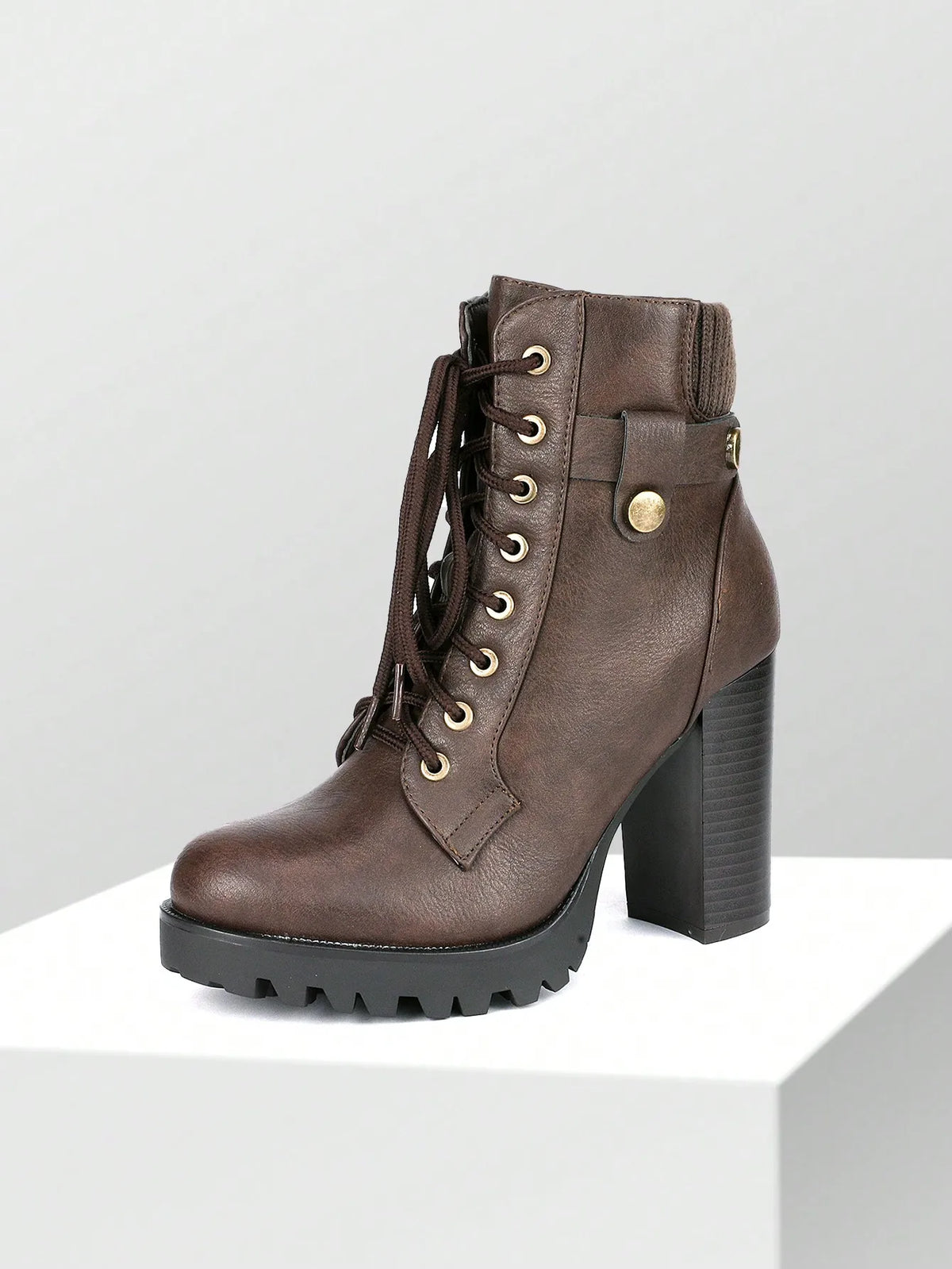 Women's Lace Up Combat Ankle Boots High Chunky Heel Fashion Heeled Booties Shoes Black Boots Ankle Boots