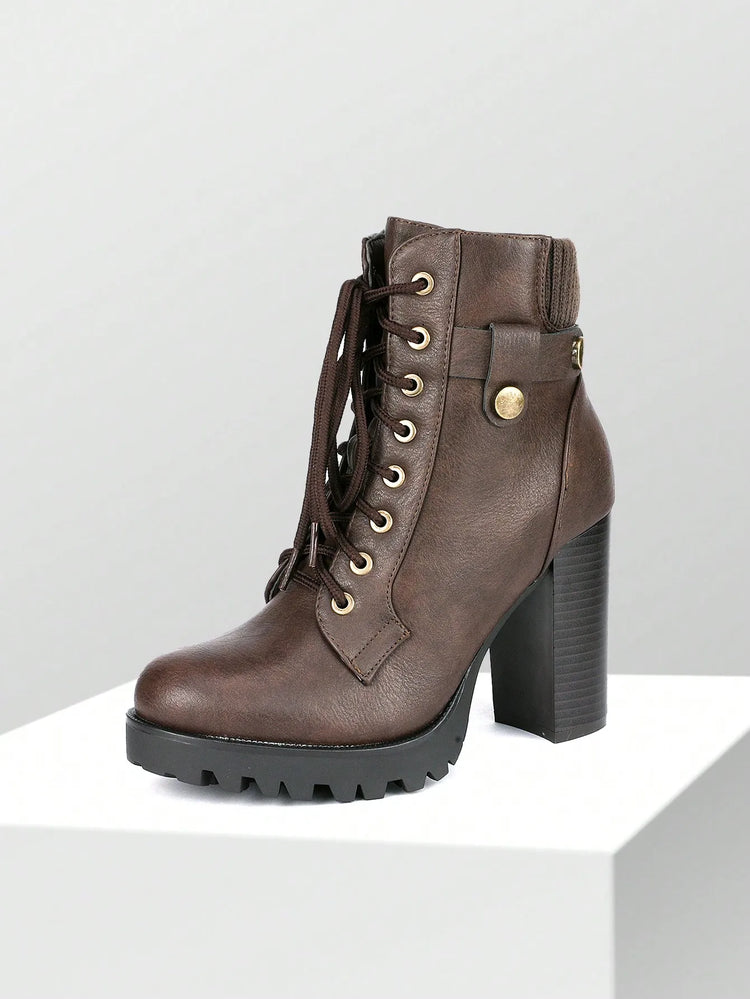Women's Lace Up Combat Ankle Boots High Chunky Heel Fashion Heeled Booties Shoes Black Boots Ankle Boots