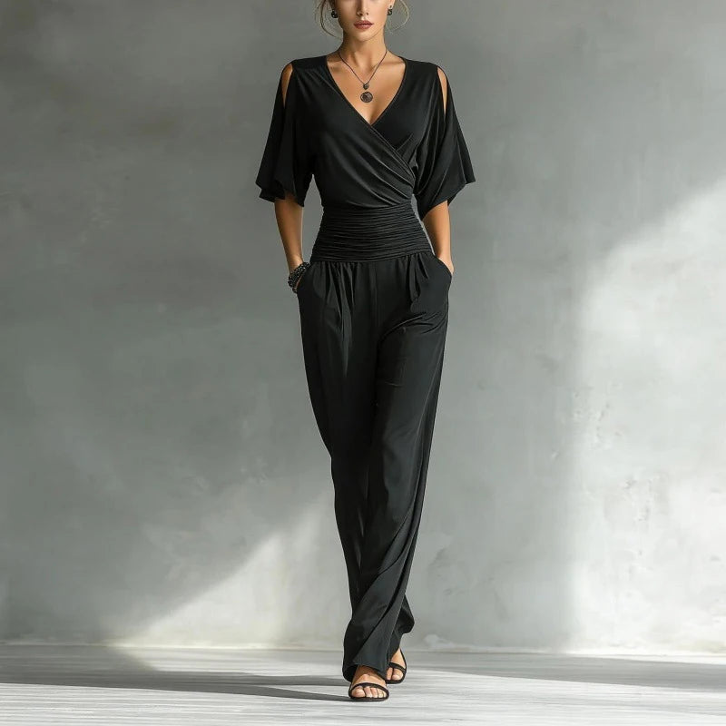 Summer Women's High Waist Party Rompers Elegant Simple Half Sleeve Playsuits Overalls Solid Color V-neck Loose Pocket Jumpsuits