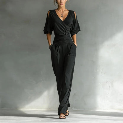 Summer Women's High Waist Party Rompers Elegant Simple Half Sleeve Playsuits Overalls Solid Color V-neck Loose Pocket Jumpsuits