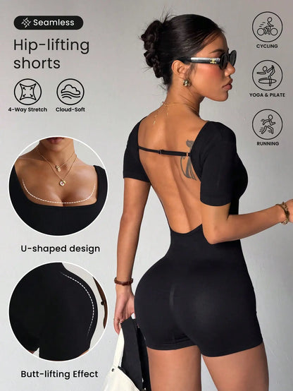 Short sleeved yoga jumpsuit with hollowed out back, casual fitness pants, one-piece quick drying