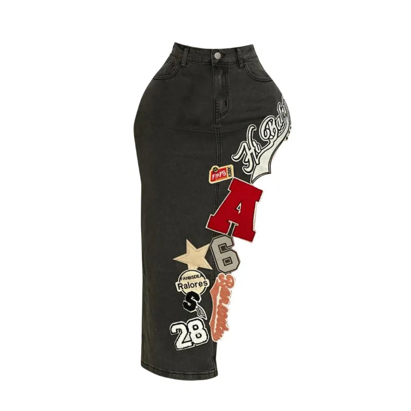 Letter Embroidery Asymmetrical Denim Skirts Women Fashion Vintage Button Fly High Waist Stretch Jeans Calf-length Skirt Bottoms