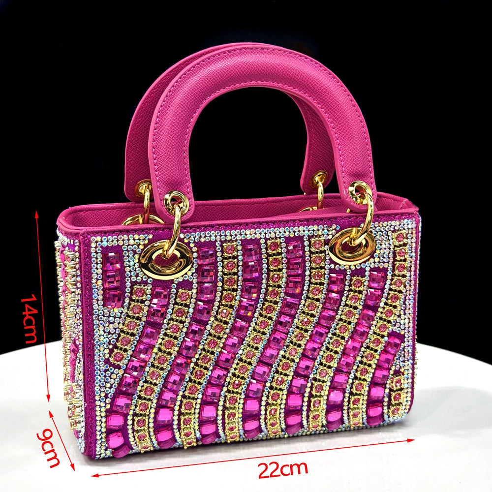 2025 Shiny Italian Fashion Pointed Toe Women Heel Fashion Rhinestone Decoration Fuchsia Color Shoes And Bag Set
