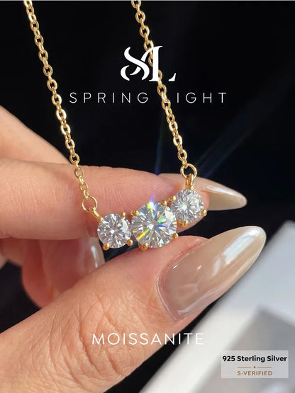 1CT Real Moissanite Diamond Three Round Shiny Necklace for Women's Anniversary Engagement 925 Sterling Silver Fine Jewelry