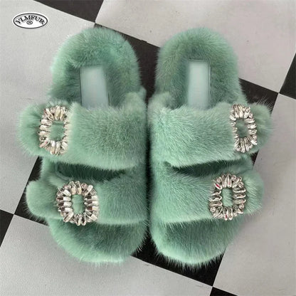 2025 New Women Fur Slippers Shoes Women Warm Winter Crystal Fur Shoes For Women Slippers Casual Plush Comfortable Mink Slippers