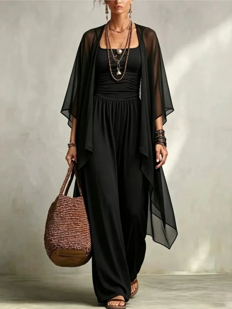 Summer New Sexy Bandeau One Piece Pants Set For Women's 2 Piece Casual Loose Fitting Wide-leg Pants Plus Shawl Tops Set Female