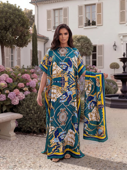 Nautical Sailboat Print Satin Abaya Scarf Set, Loose Batwing Maxi Kaftan For Muslim Women Summer Beach Daily Holiday Wear