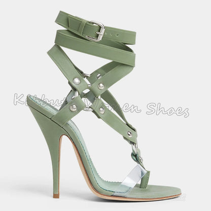 T-Tied Ankle Strap Sandals Belt Buckle Leather Women Shoes Clip-Toe Thin Heels Fashion Luxury Elegant Concise Novelty Summer New