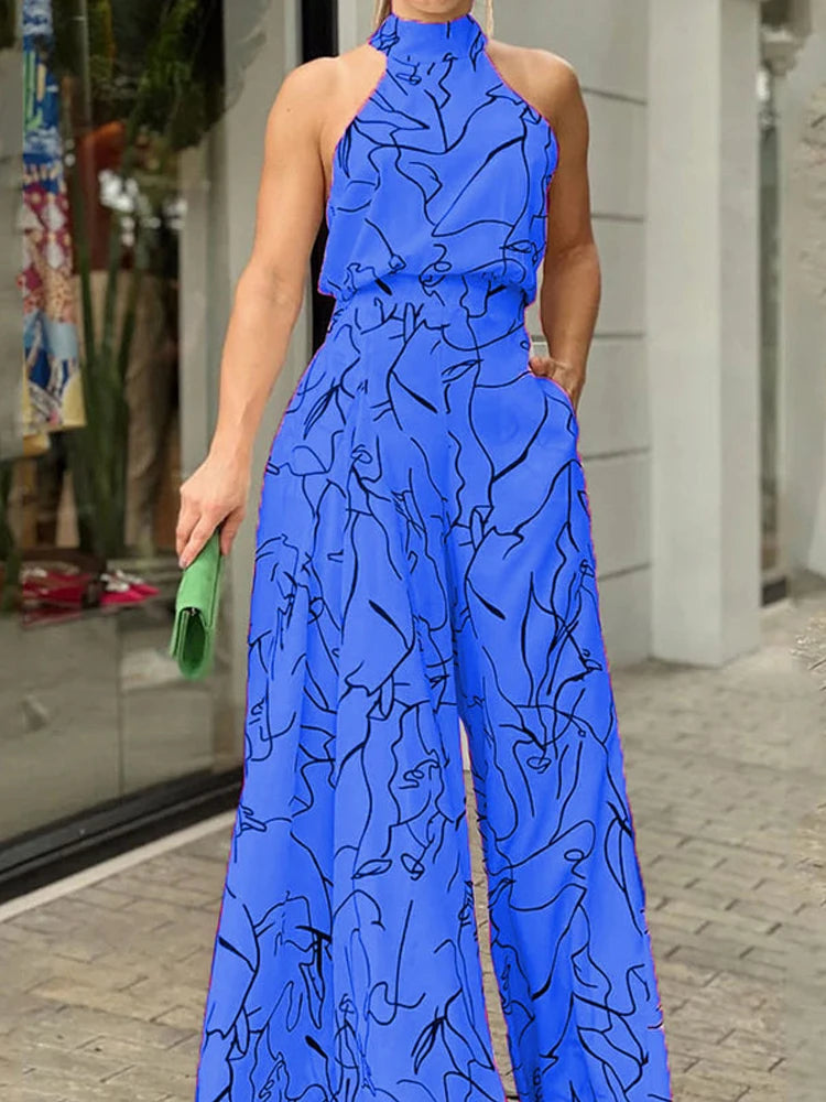 Summer Women's Elegant Waist Halter Jumpsuit Tie Sleeveless Wide Leg Long Pant Bodycon Abstract Print Streetwear Romper Mujer