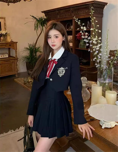 Spring 2025 Preppy Style American Uniform Set Girls Short Suit Coat Long Sleeve White Shirt Slim High Waist Pleated Skirt Navy
